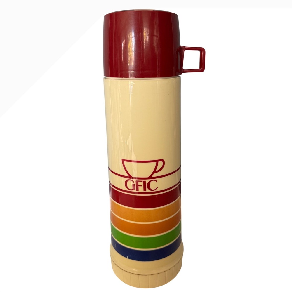 Vintage Thermos GFIC Rainbow Stripe Vacuum Bottle Insulated Cup Lid Retro 70s